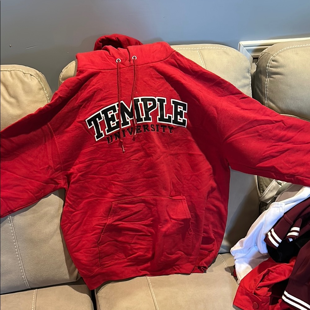 Temple University Red champion Hoodie. Tear on pocket